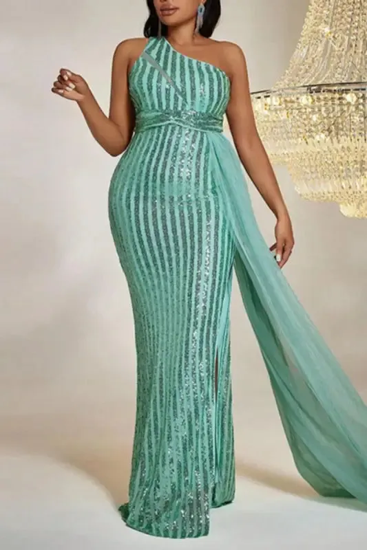 Plus Size So Divine Green Stripe Side Sash Maxi Dress