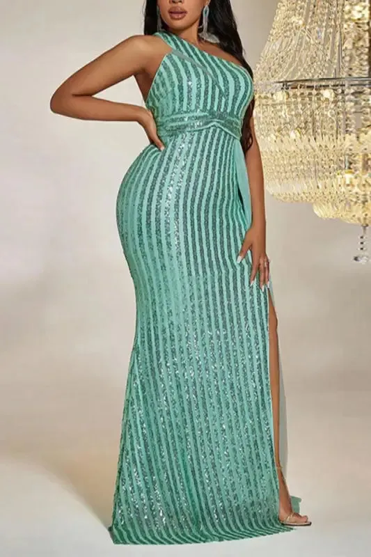 Plus Size So Divine Green Stripe Side Sash Maxi Dress