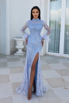 PORTIA & SCARLETT PS23984 Feather Sheath Gown with High Neck