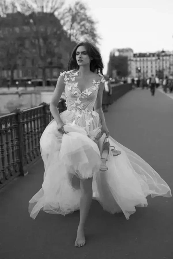 Promfast A Line Gray Tulle Open Back Butterfly Sleeveless Long Party Dresses Prom Dresses PFP2017