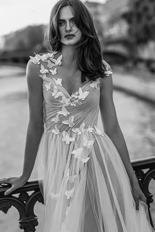 Promfast A Line Gray Tulle Open Back Butterfly Sleeveless Long Party Dresses Prom Dresses PFP2017