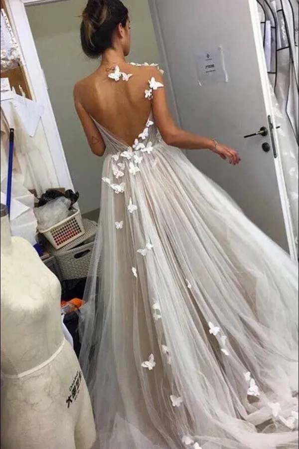 Promfast A Line Gray Tulle Open Back Butterfly Sleeveless Long Party Dresses Prom Dresses PFP2017