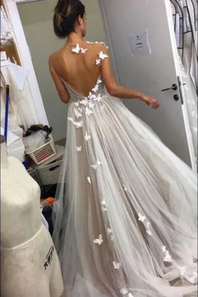 Promfast A Line Gray Tulle Open Back Butterfly Sleeveless Long Party Dresses Prom Dresses PFP2017