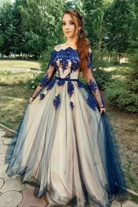 Promfast Unique Long Sleeve Off the Shoulder Tulle Long Prom Dresses, Blue Appliques Party Dresses PFP1835