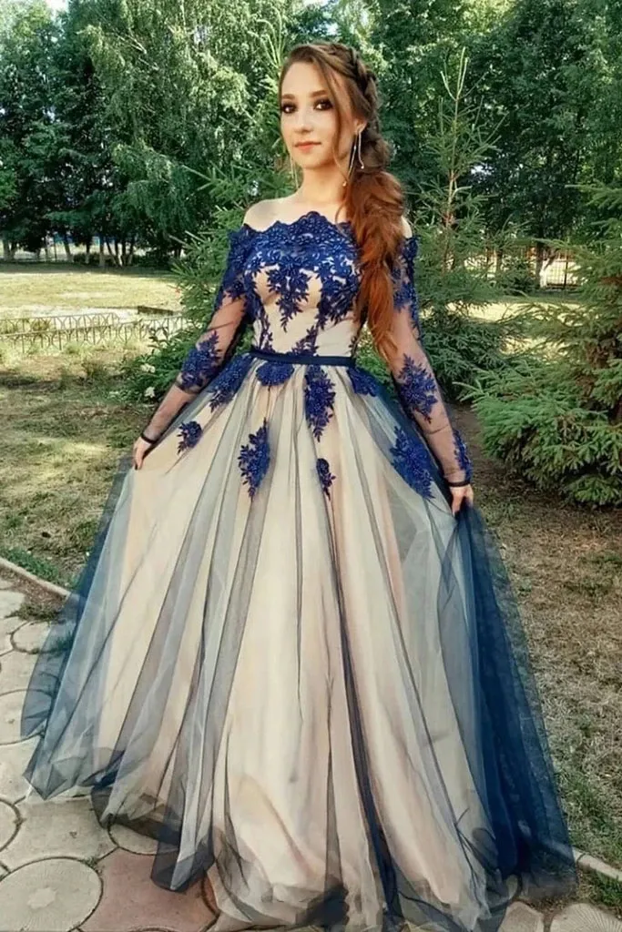 Promfast Unique Long Sleeve Off the Shoulder Tulle Long Prom Dresses, Blue Appliques Party Dresses PFP1835