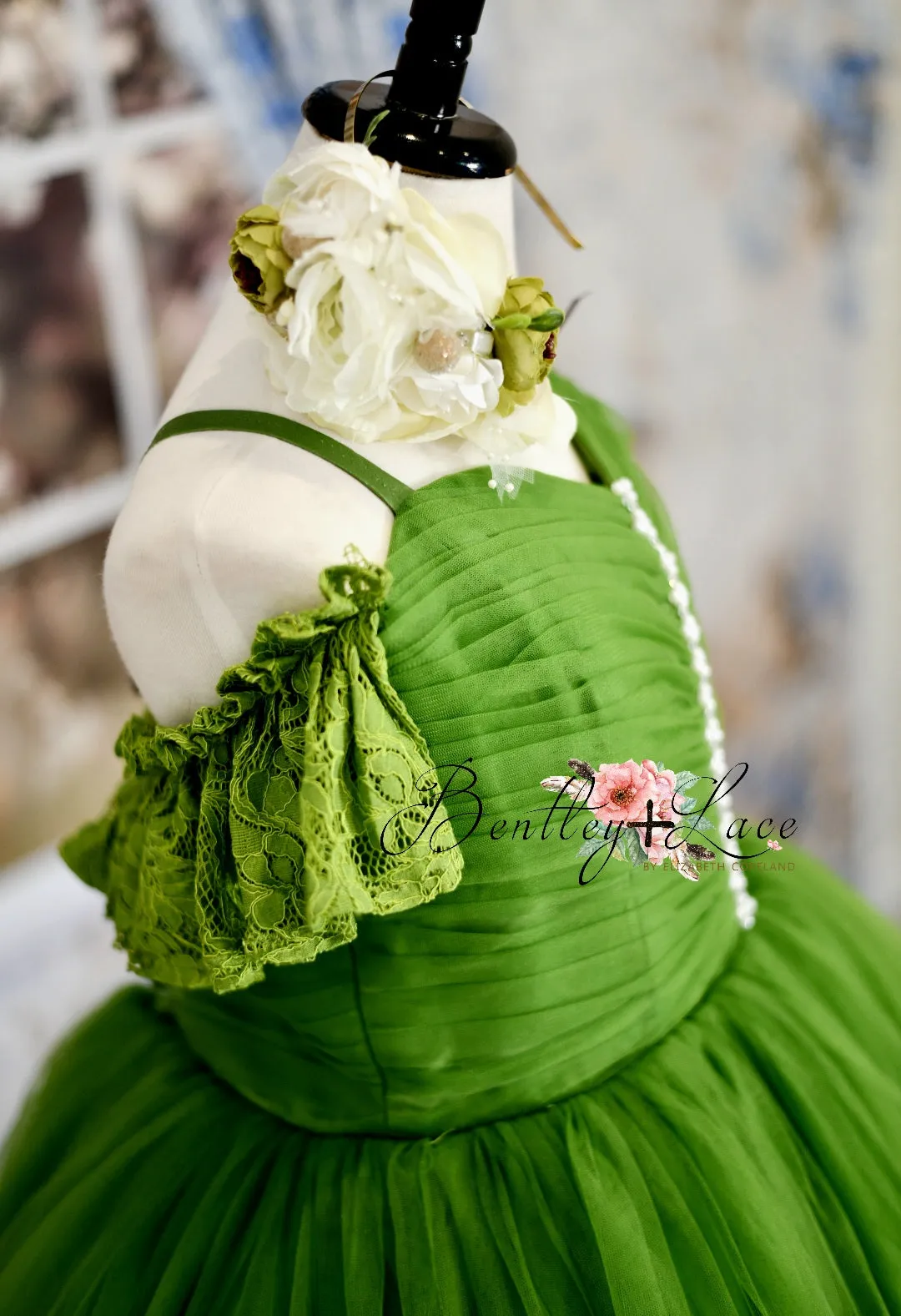 RETIRED RENTAL EUC "Frenchie" -  Mossy Green- Floor Length ( 10 Year - Petite 13 Year)