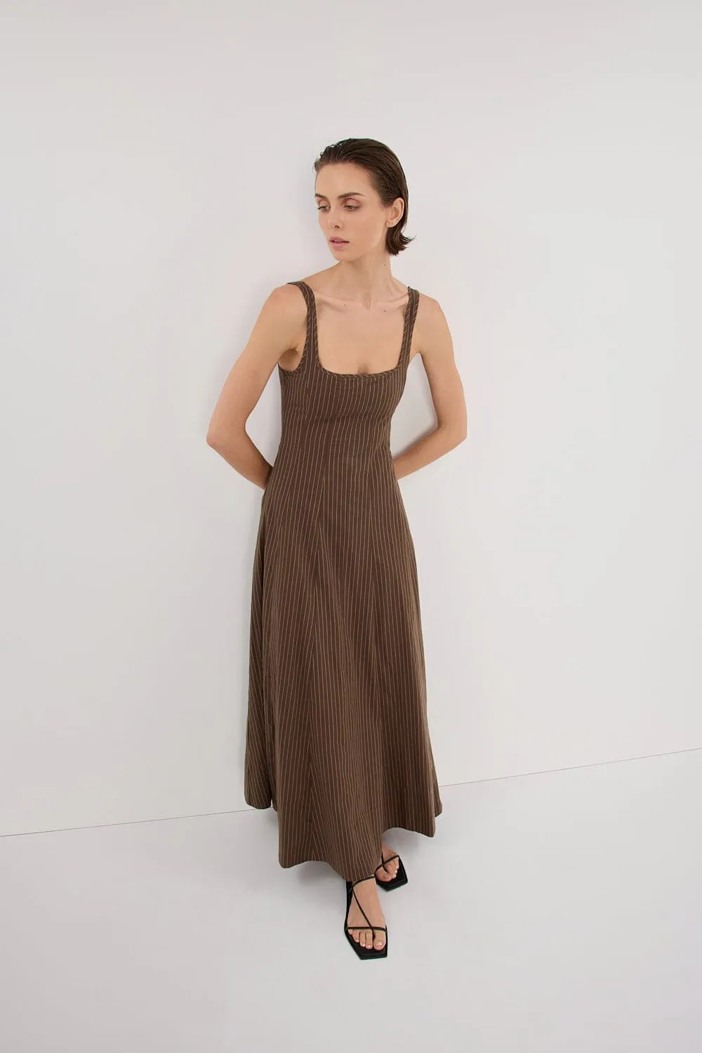 RILEY CHOCOLATE STRIPE MIDI DRESS