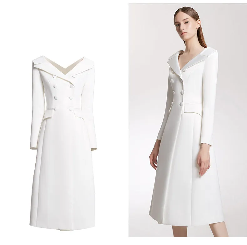 Runway Double Deasted Deep V Neck Long Sleeve Dress