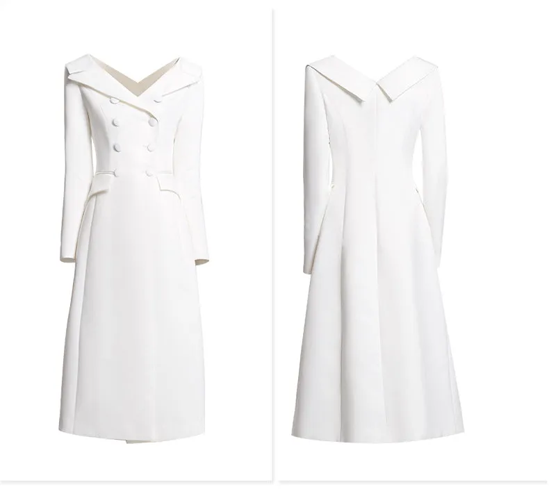 Runway Double Deasted Deep V Neck Long Sleeve Dress