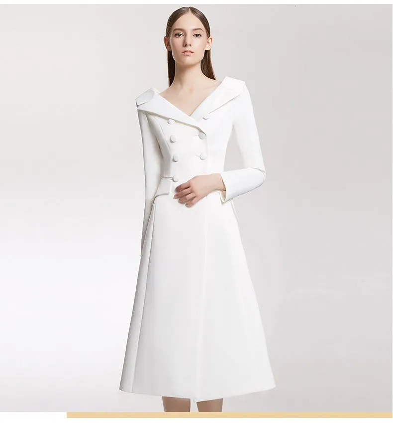 Runway Double Deasted Deep V Neck Long Sleeve Dress