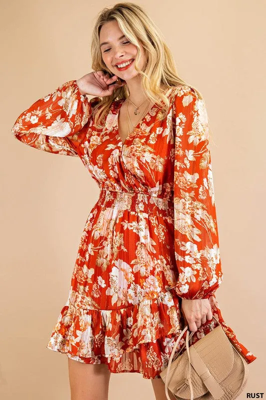 Rust Soft Luxe Jacquard Stripe Flower Printed Smocked W
