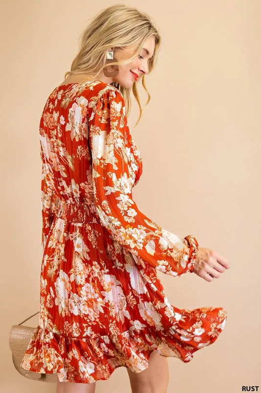 Rust Soft Luxe Jacquard Stripe Flower Printed Smocked W