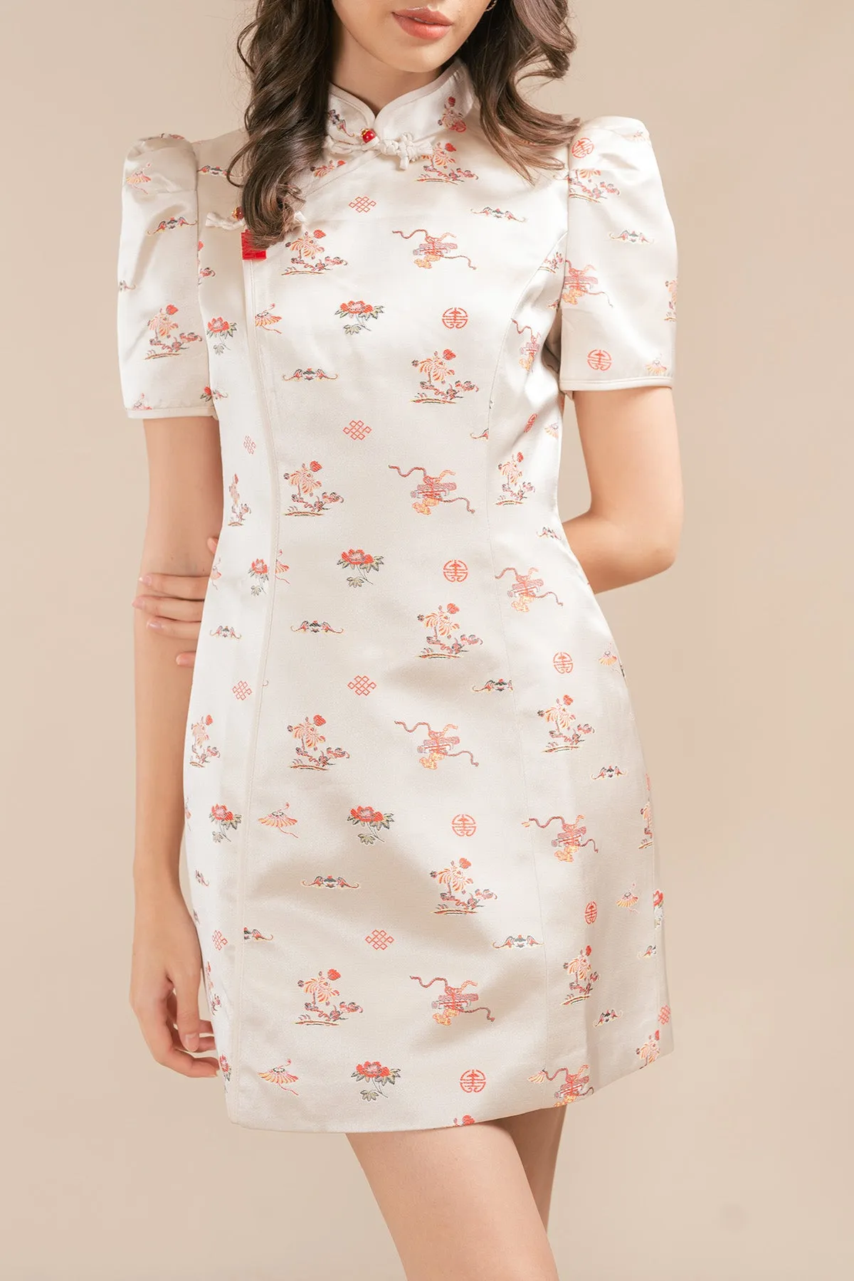 Shervin Embroidered Silk Short Cheongsam Dress