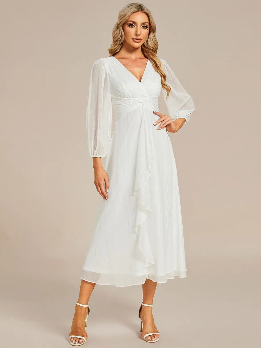 Shimmering Long Sleeve V-Neck Chiffon Twist Knot A-Line Wedding Dress