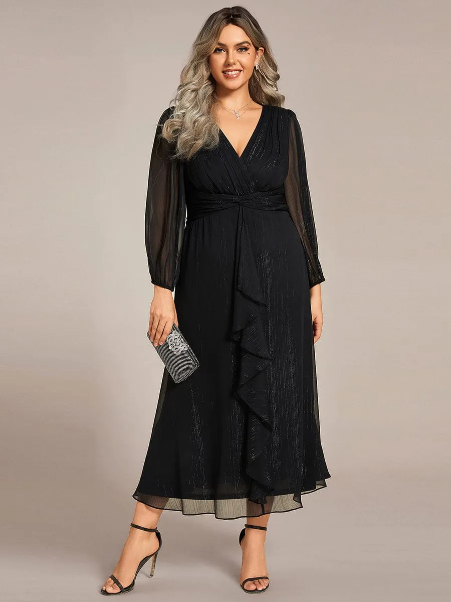 Shimmering Long Sleeve V-Neck Chiffon Twist Knot A-Line Wedding Dress