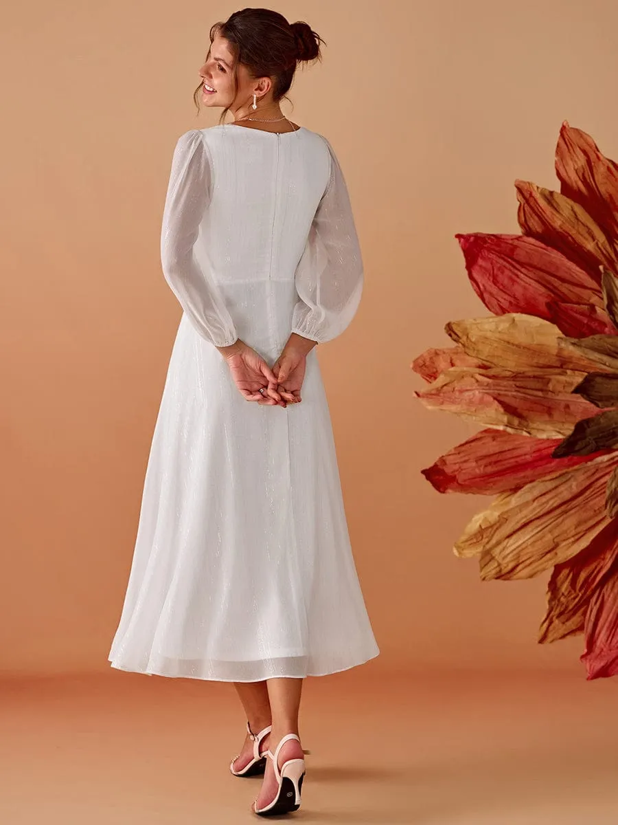 Shimmering Long Sleeve V-Neck Chiffon Twist Knot A-Line Wedding Dress