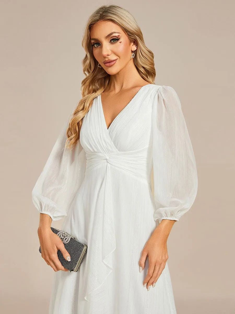 Shimmering Long Sleeve V-Neck Chiffon Twist Knot A-Line Wedding Dress