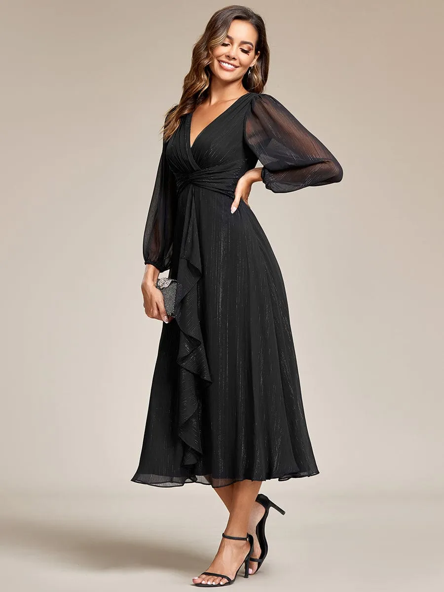 Shimmering Long Sleeve V-Neck Chiffon Twist Knot A-Line Wedding Dress
