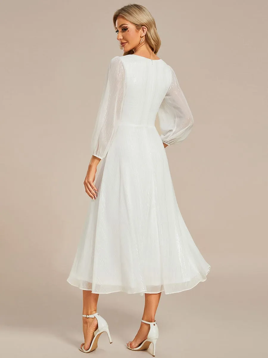 Shimmering Long Sleeve V-Neck Chiffon Twist Knot A-Line Wedding Dress
