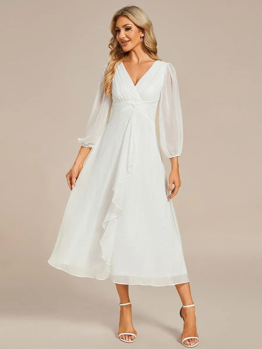 Shimmering Long Sleeve V-Neck Chiffon Twist Knot A-Line Wedding Dress
