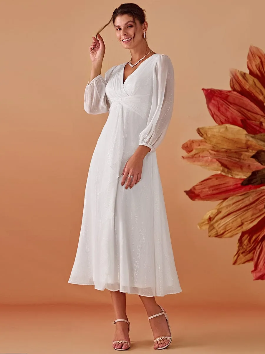 Shimmering Long Sleeve V-Neck Chiffon Twist Knot A-Line Wedding Dress