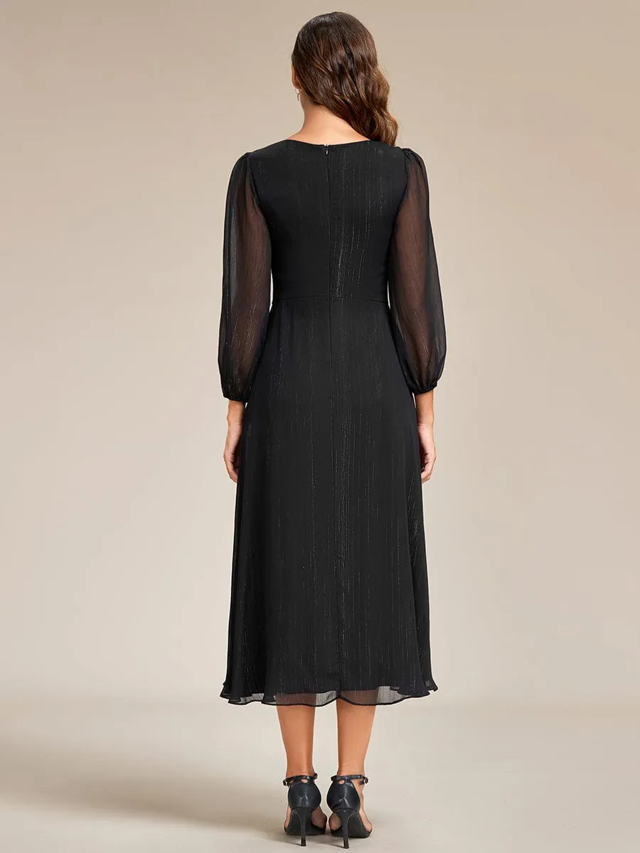 Shimmering Long Sleeve V-Neck Chiffon Twist Knot A-Line Wedding Dress