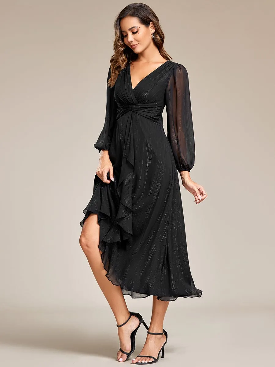 Shimmering Long Sleeve V-Neck Chiffon Twist Knot A-Line Wedding Dress