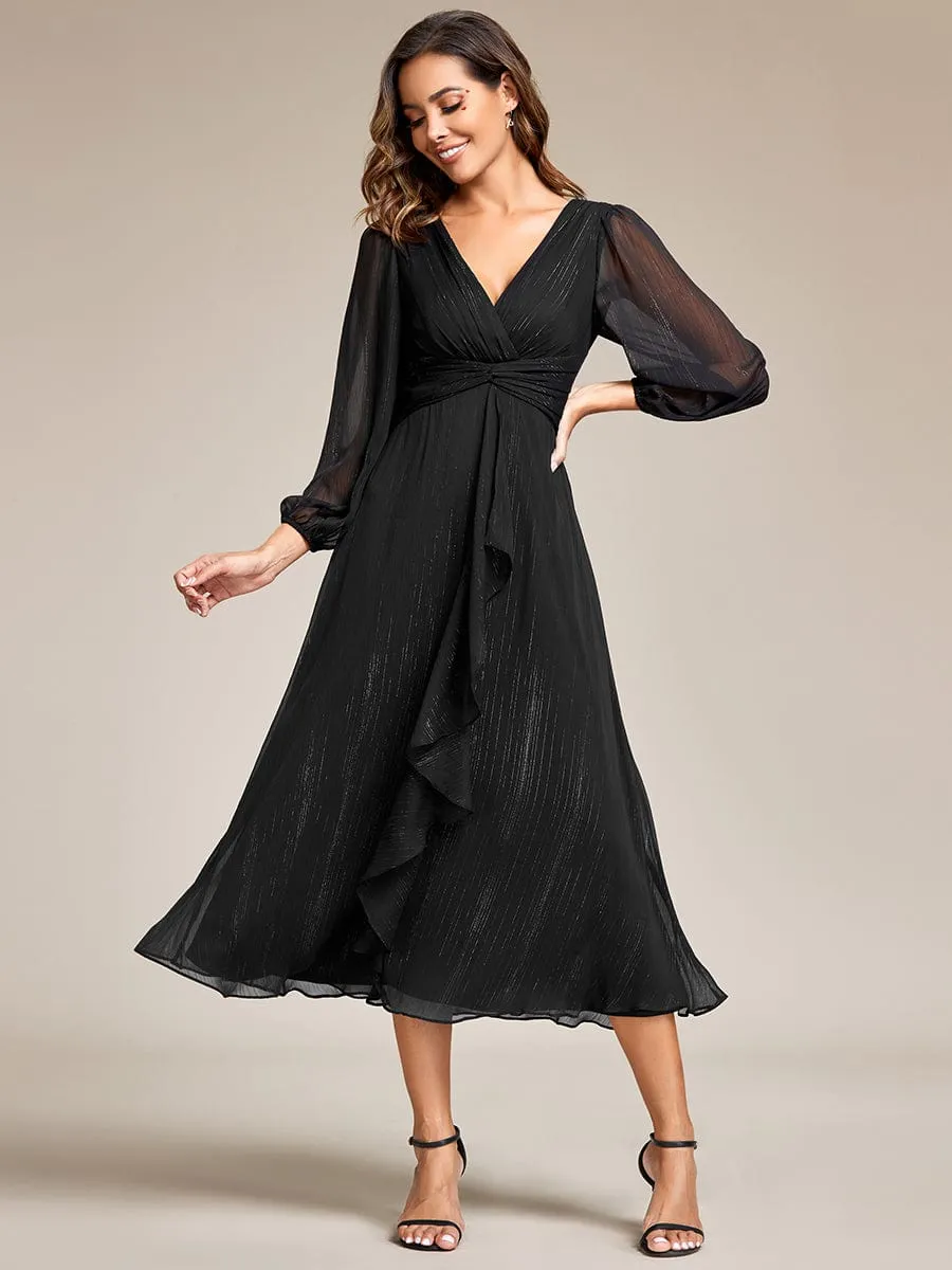 Shimmering Long Sleeve V-Neck Chiffon Twist Knot A-Line Wedding Dress