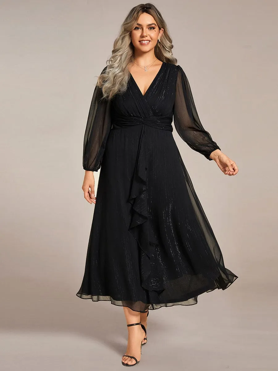 Shimmering Long Sleeve V-Neck Chiffon Twist Knot A-Line Wedding Dress