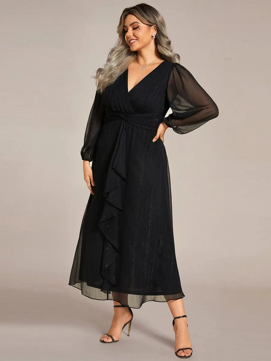 Shimmering Long Sleeve V-Neck Chiffon Twist Knot A-Line Wedding Dress