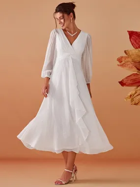 Shimmering Long Sleeve V-Neck Chiffon Twist Knot A-Line Wedding Dress