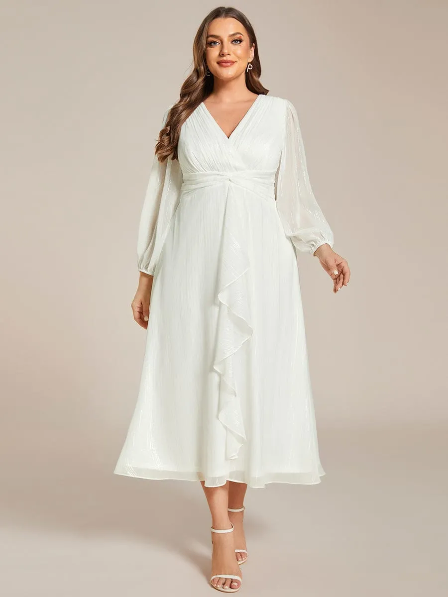 Shimmering Long Sleeve V-Neck Chiffon Twist Knot A-Line Wedding Dress