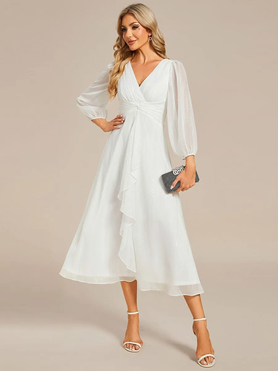 Shimmering Long Sleeve V-Neck Chiffon Twist Knot A-Line Wedding Dress