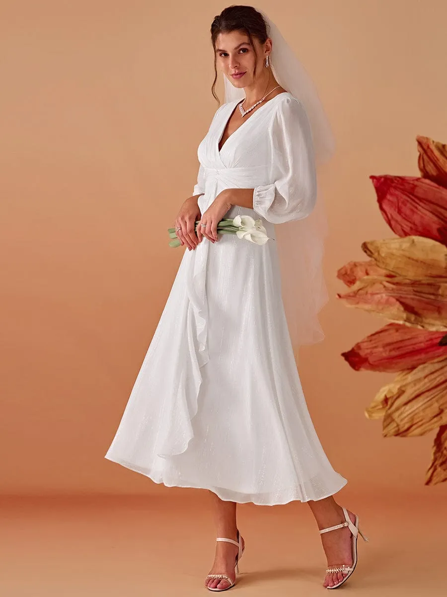 Shimmering Long Sleeve V-Neck Chiffon Twist Knot A-Line Wedding Dress