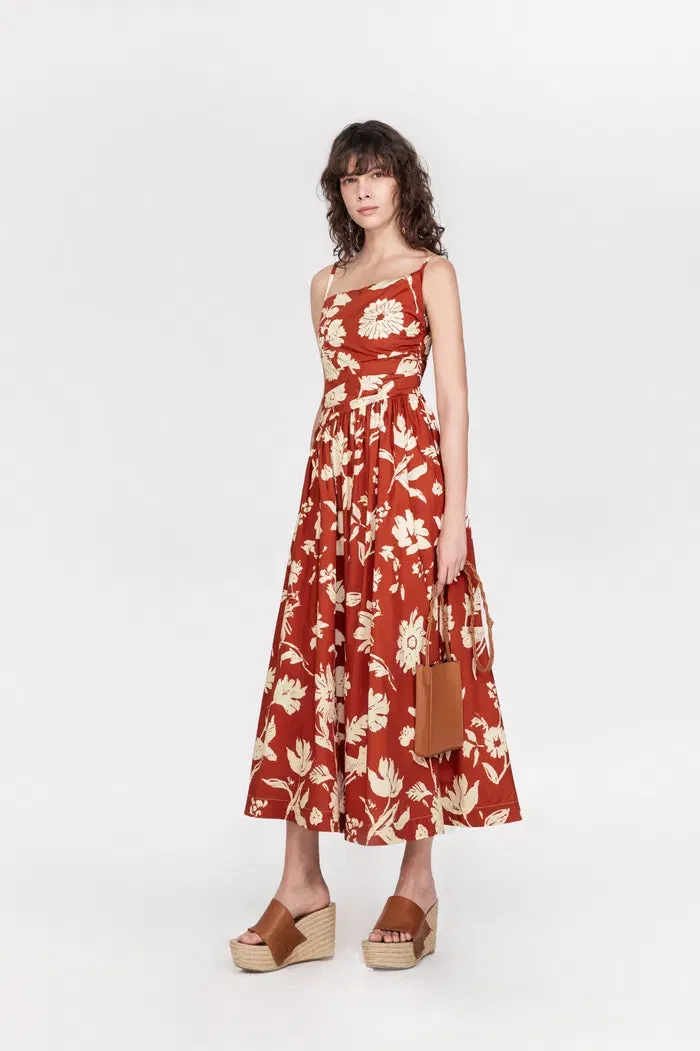 Sienna Asymetrical Strap Flora Print Cami Dress in Matte Cotton
