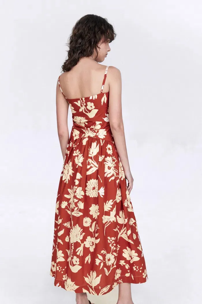 Sienna Asymetrical Strap Flora Print Cami Dress in Matte Cotton