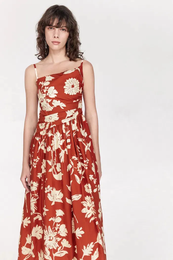 Sienna Asymetrical Strap Flora Print Cami Dress in Matte Cotton