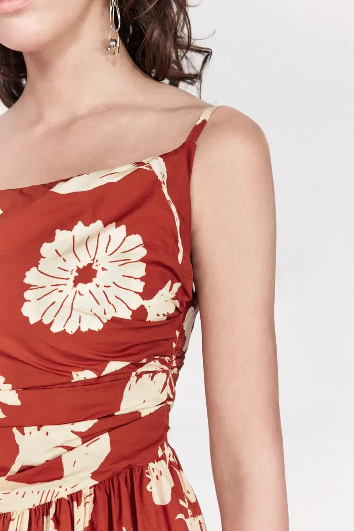 Sienna Asymetrical Strap Flora Print Cami Dress in Matte Cotton