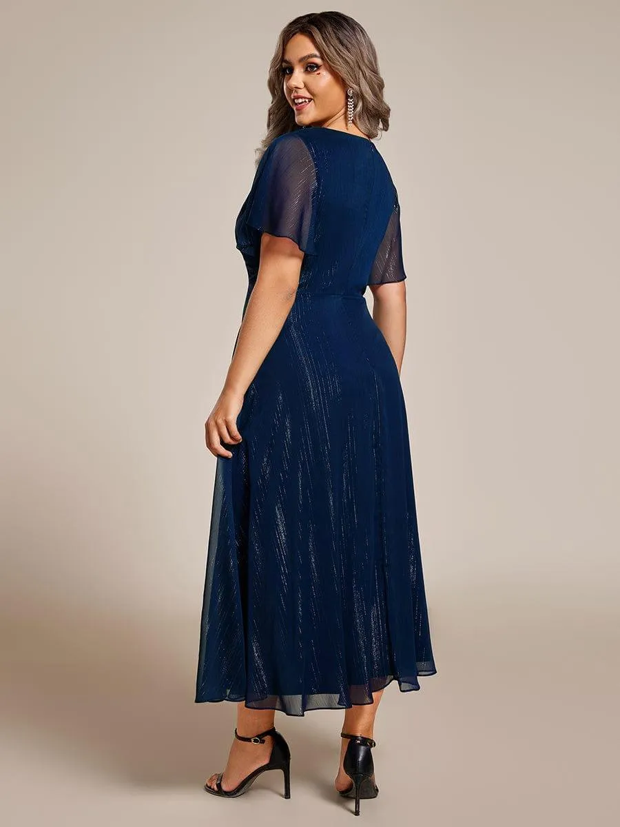 Silver Metallic Fabric V-Neck A-Line Wedding Guest Dress Featuring Delicate Ruffled Hem