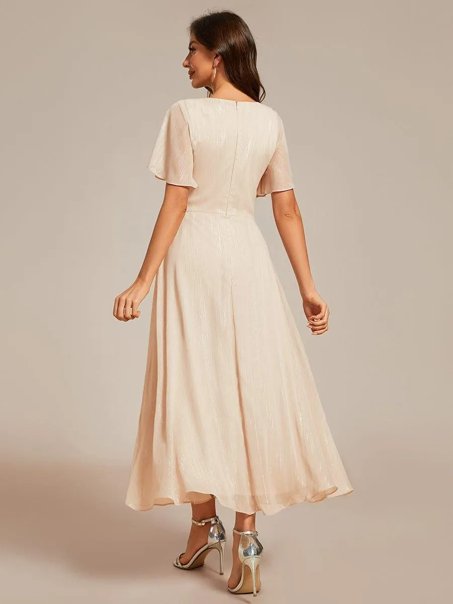 Silver Metallic Fabric V-Neck A-Line Wedding Guest Dress Featuring Delicate Ruffled Hem