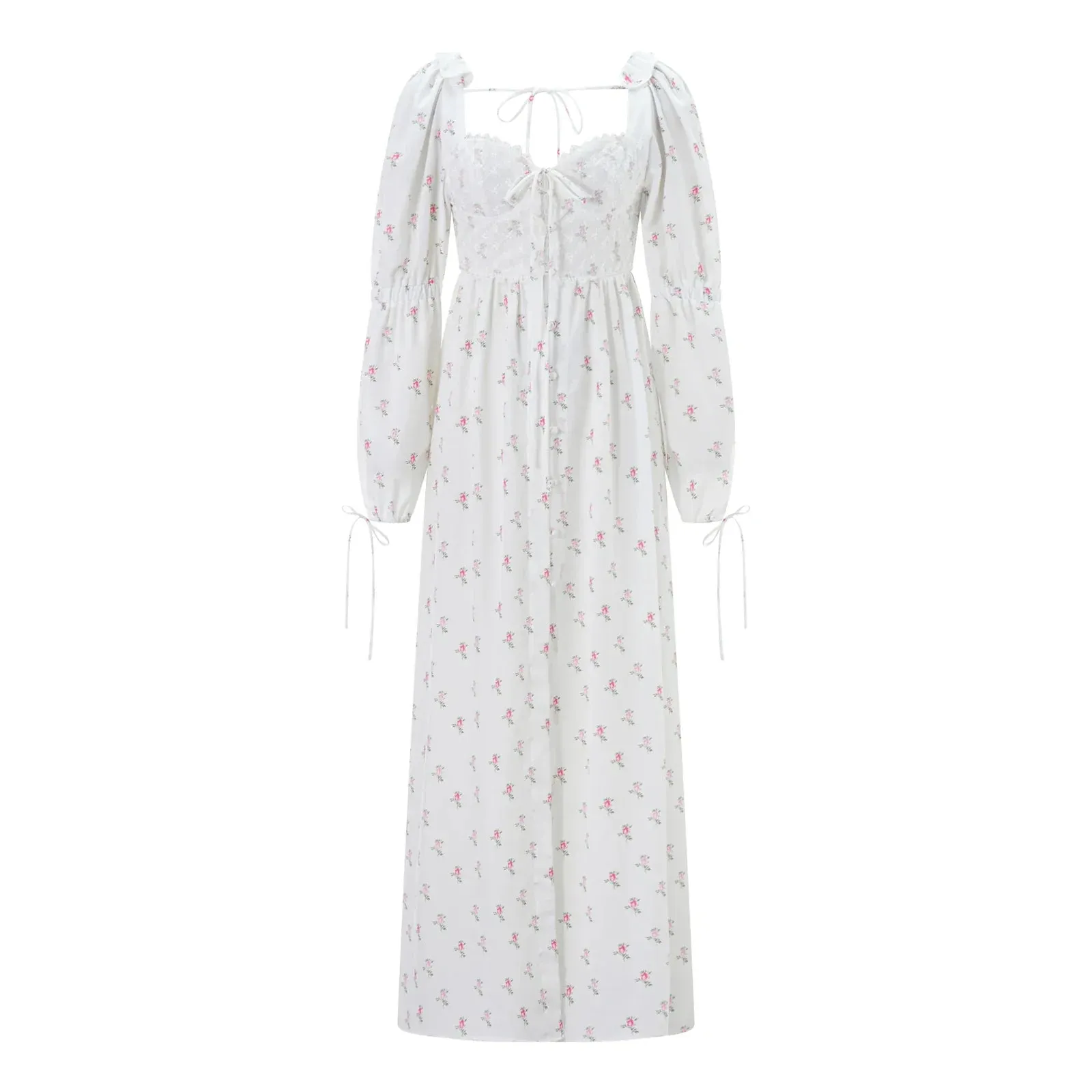Split Long Puff Sleeve A-Line Vintage Casual Maxi Boho Dress