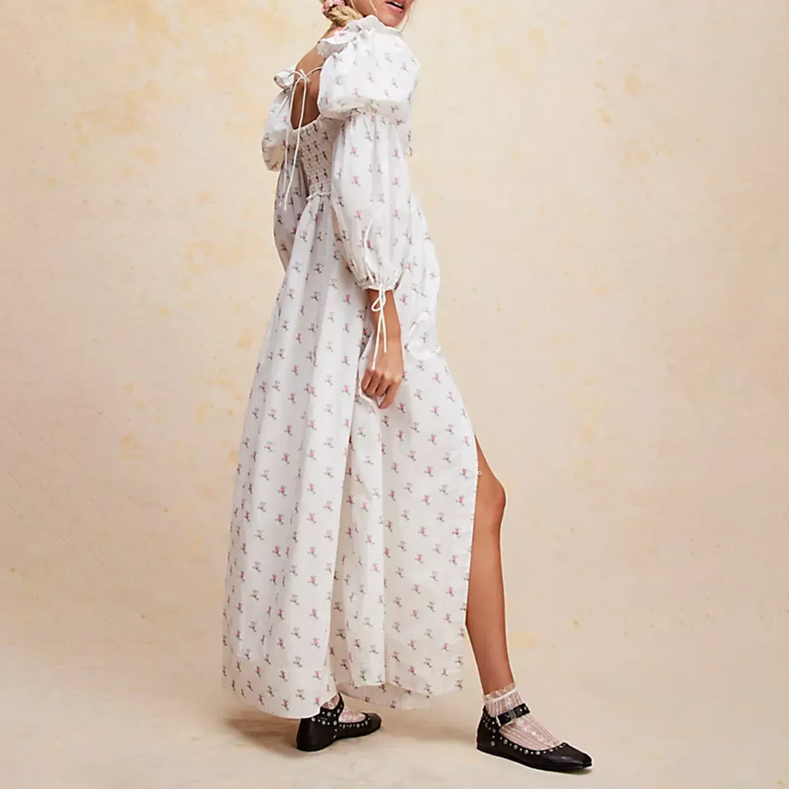 Split Long Puff Sleeve A-Line Vintage Casual Maxi Boho Dress