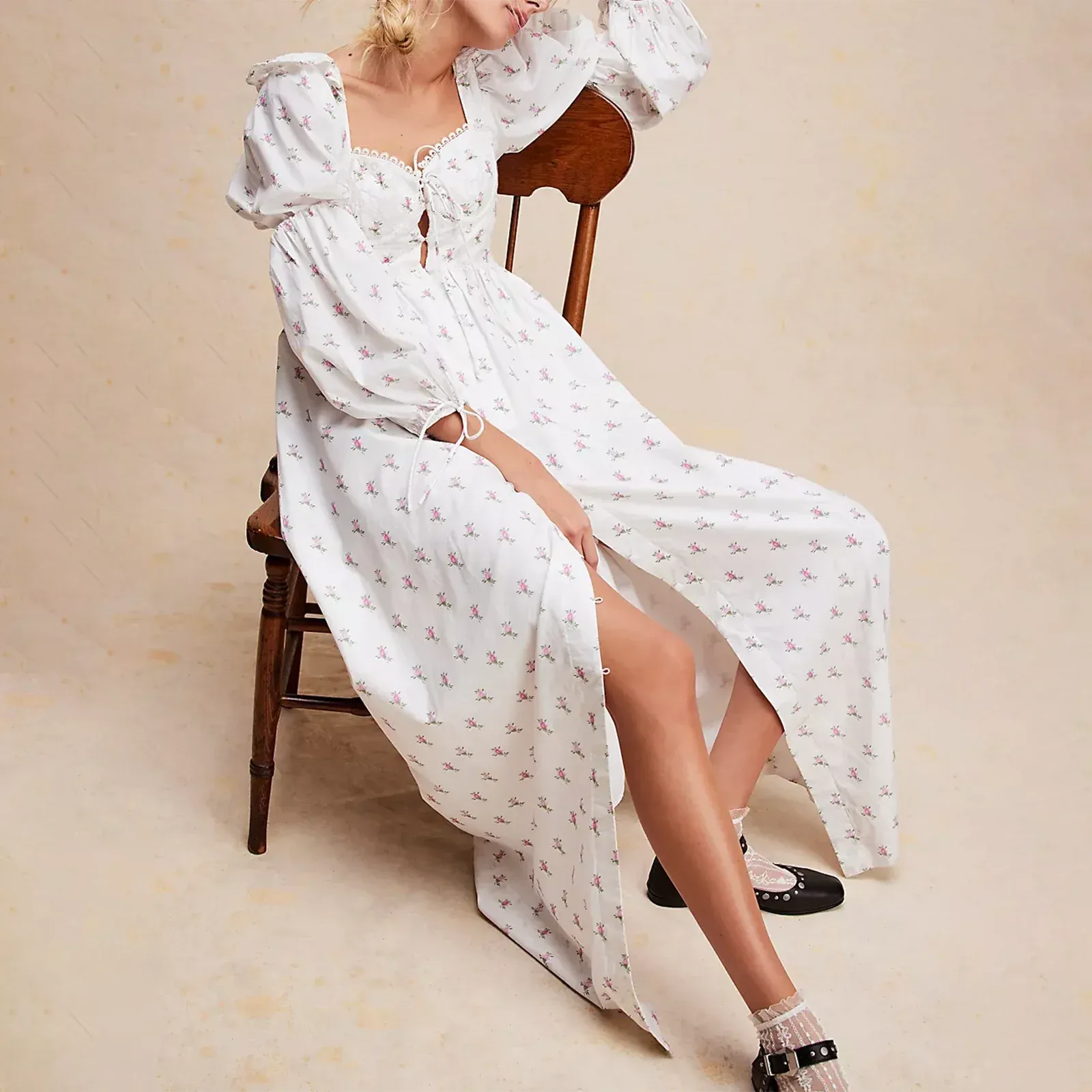 Split Long Puff Sleeve A-Line Vintage Casual Maxi Boho Dress