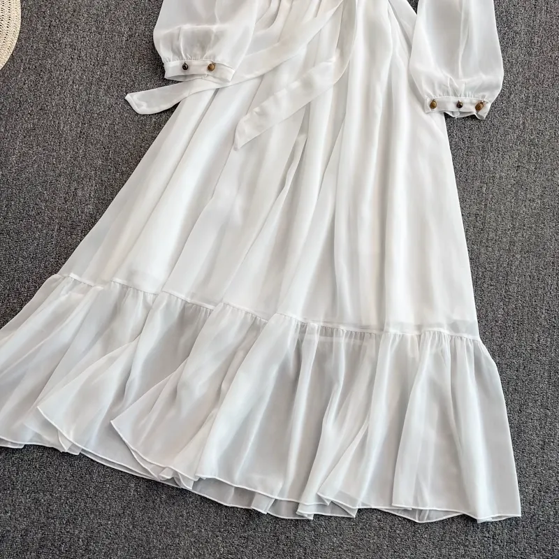Spring and Autumn V Neck White Chiffon Long Sleeves Dress Elegant Dress 1535