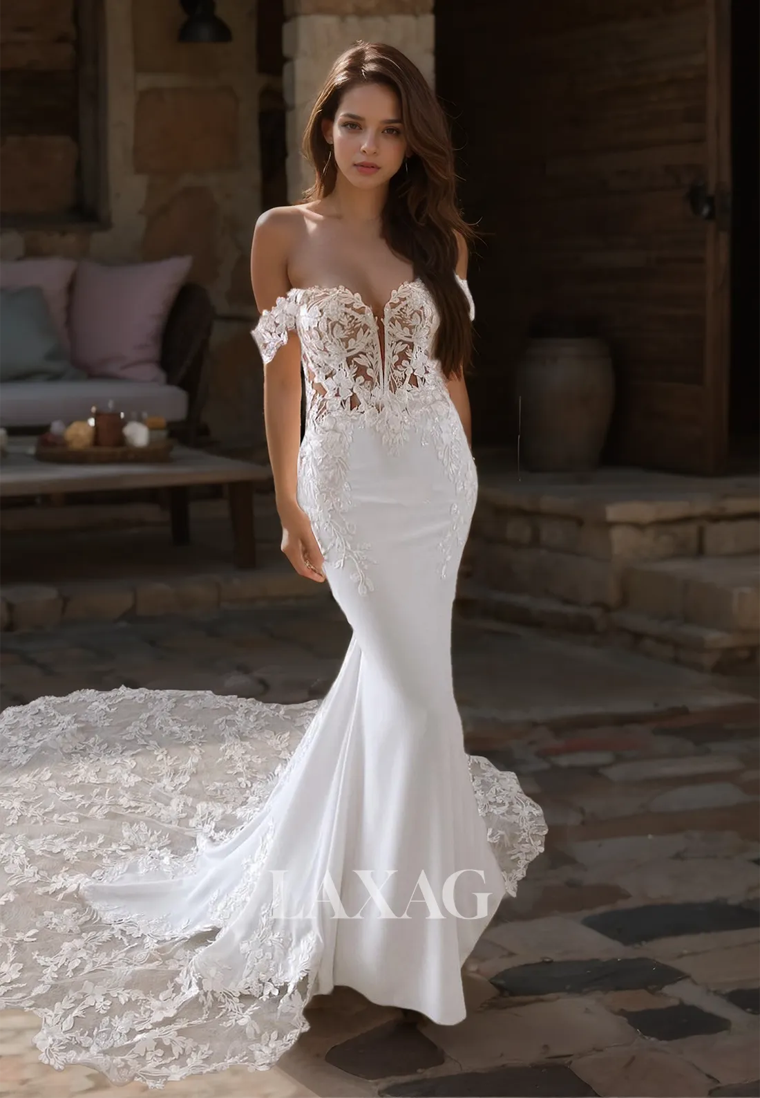 Sweetheart Off-Shoulder Mermaid Wedding Dress Applique Cutout Bride Gowns with Lace Train