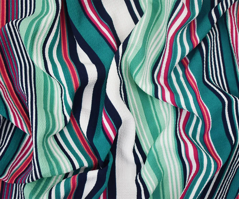 Teal-Pink-Multi Stripe Printed Poly Crepe Georgette Woven Fabric