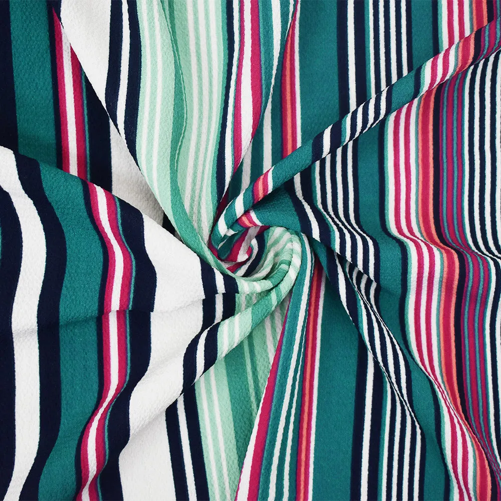 Teal-Pink-Multi Stripe Printed Poly Crepe Georgette Woven Fabric