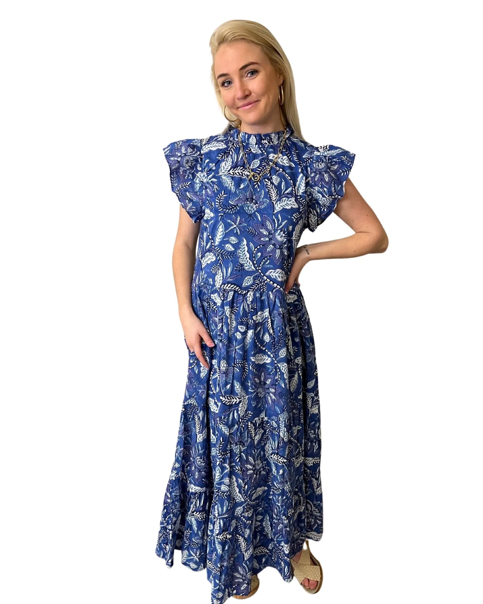 The Long Length Tinley Block Print Dress in Brilliant Blue Floral