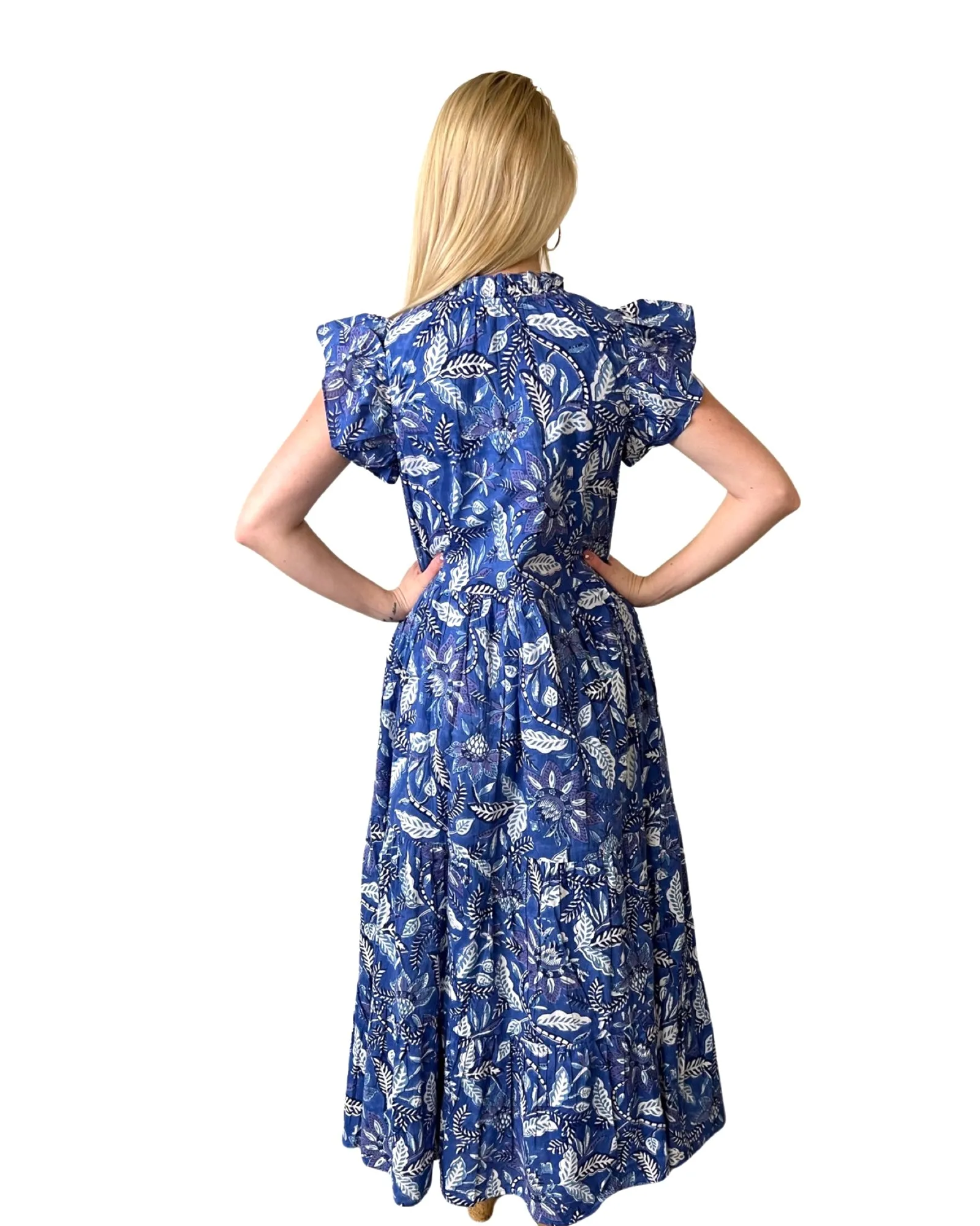 The Long Length Tinley Block Print Dress in Brilliant Blue Floral