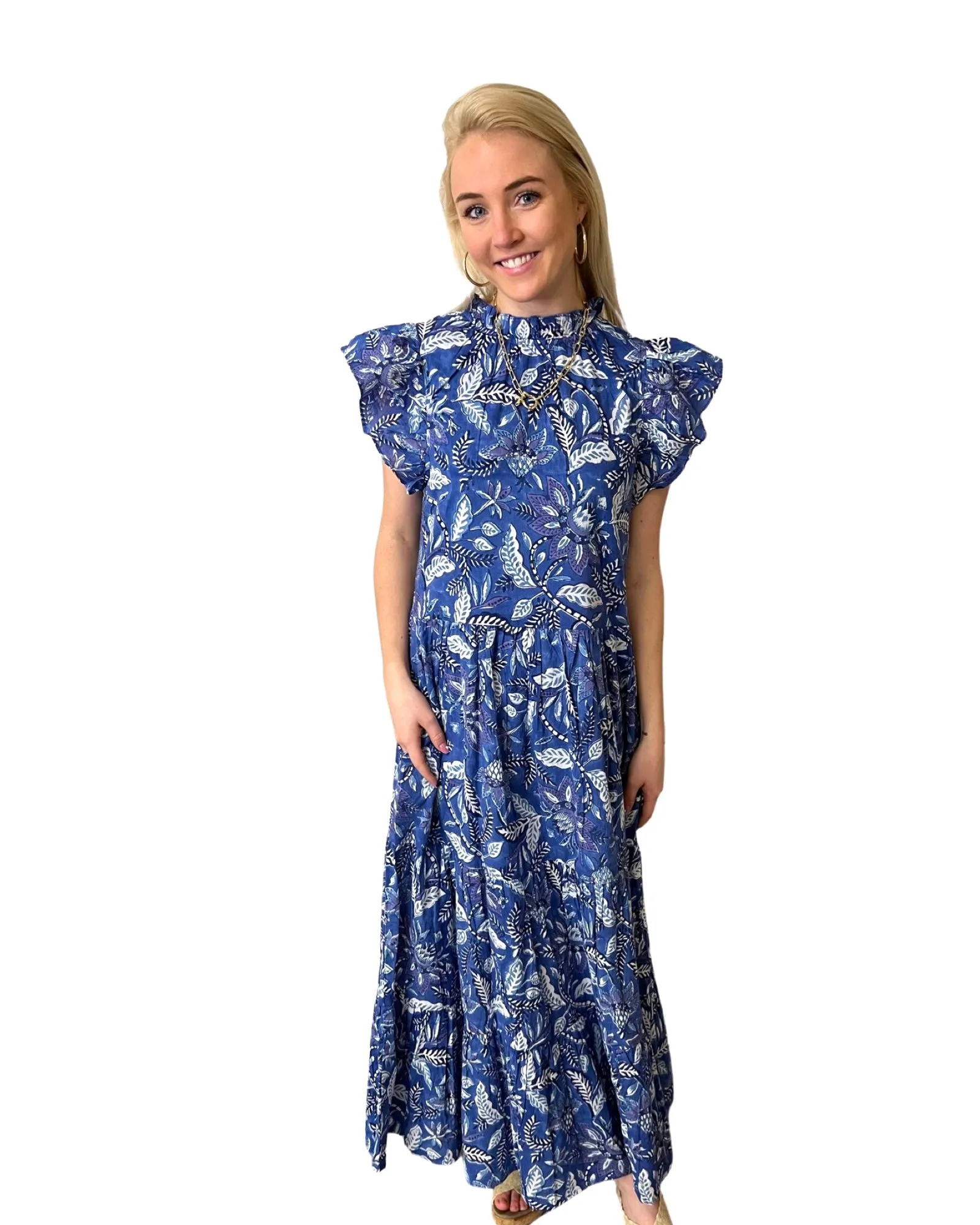 The Long Length Tinley Block Print Dress in Brilliant Blue Floral